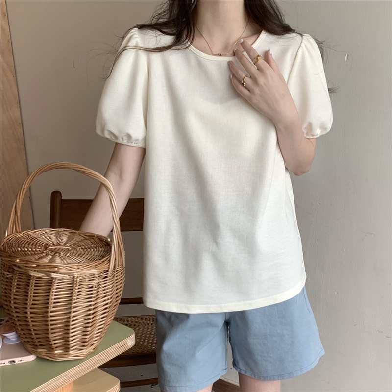 SUXI Áo Thun Tay Phồng Ngắn Cổ Tròn Màu Sắc Đơn Giản Phong Cách Hàn Quốc Thời Trang Mùa Hè Cho Nữ