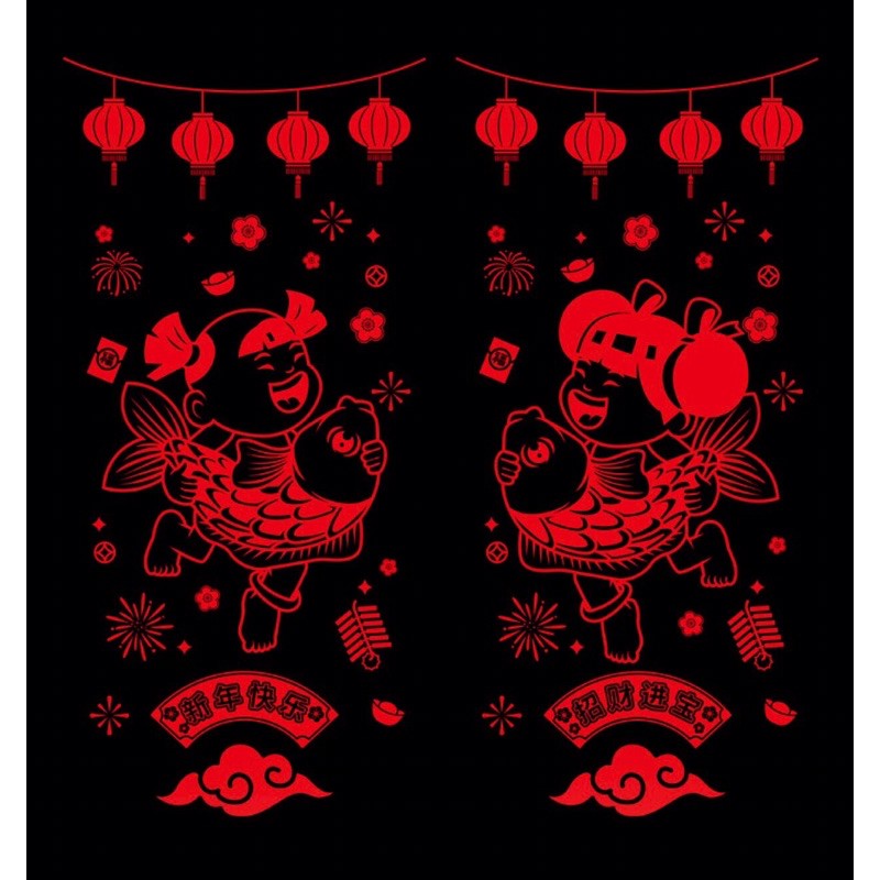 Decal dán Tết ÁNH VÀNG - ĐỎ TRAI GÁI CƯỠI CÁ CHÉP LẤP LÁNH CAO CẤP LOẠI 1