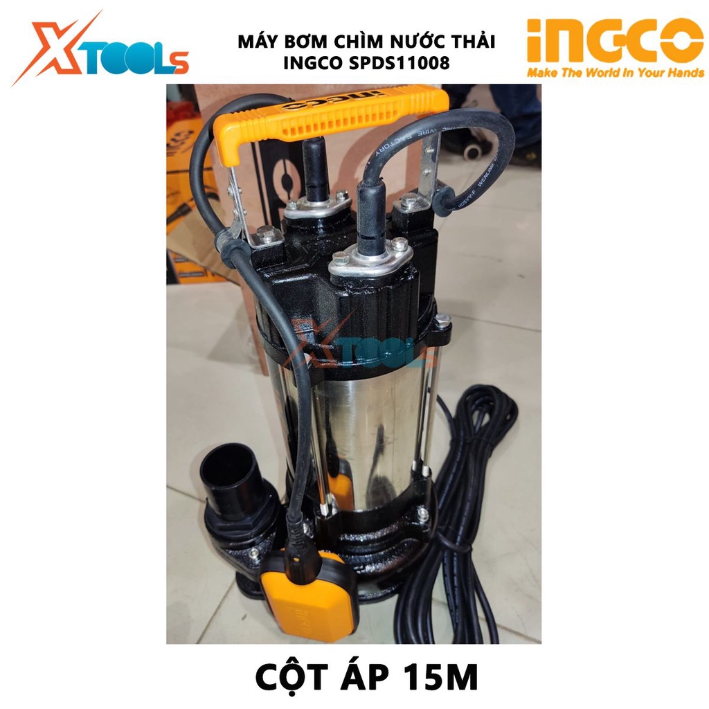 Máy bơm chìm nước thải INGCO SPDS11008 Máy bơm nước thải Điện áp 220-240V ~ 50Hz Công suất đầu vào 1100W (1.5HP) Cột áp