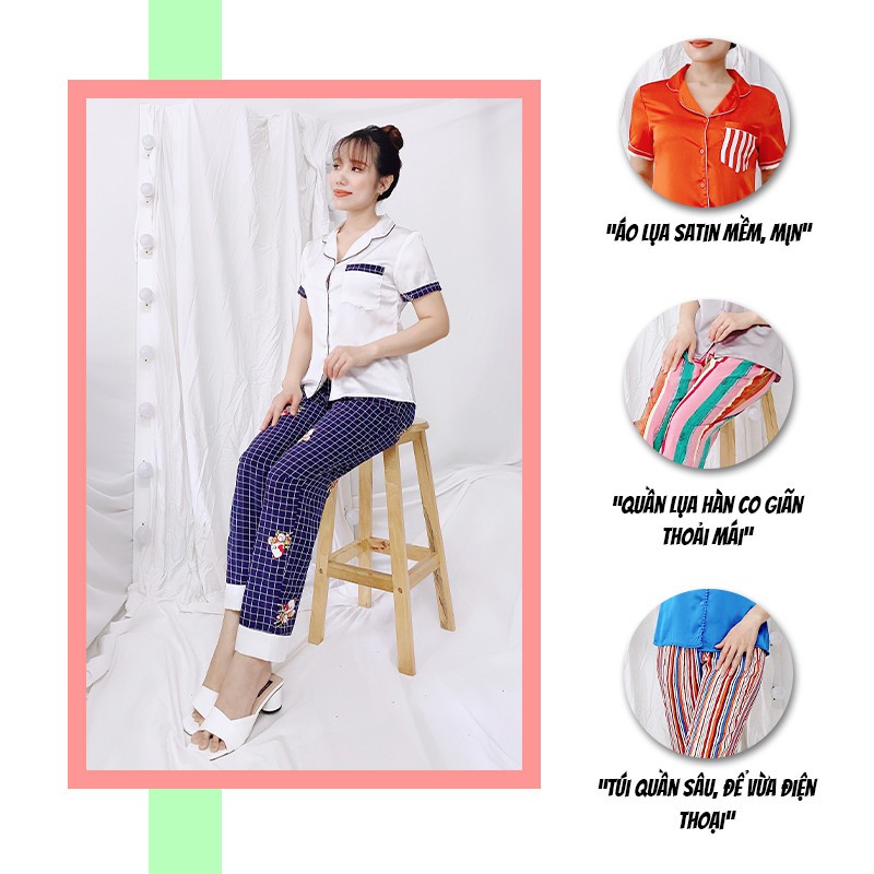 Đồ bộ mặc nhà SBORG bộ pijama lụa satin họa tiết tay ngắn quần dài dễ thương có túi 45kg - 65kg quà tặng vợ