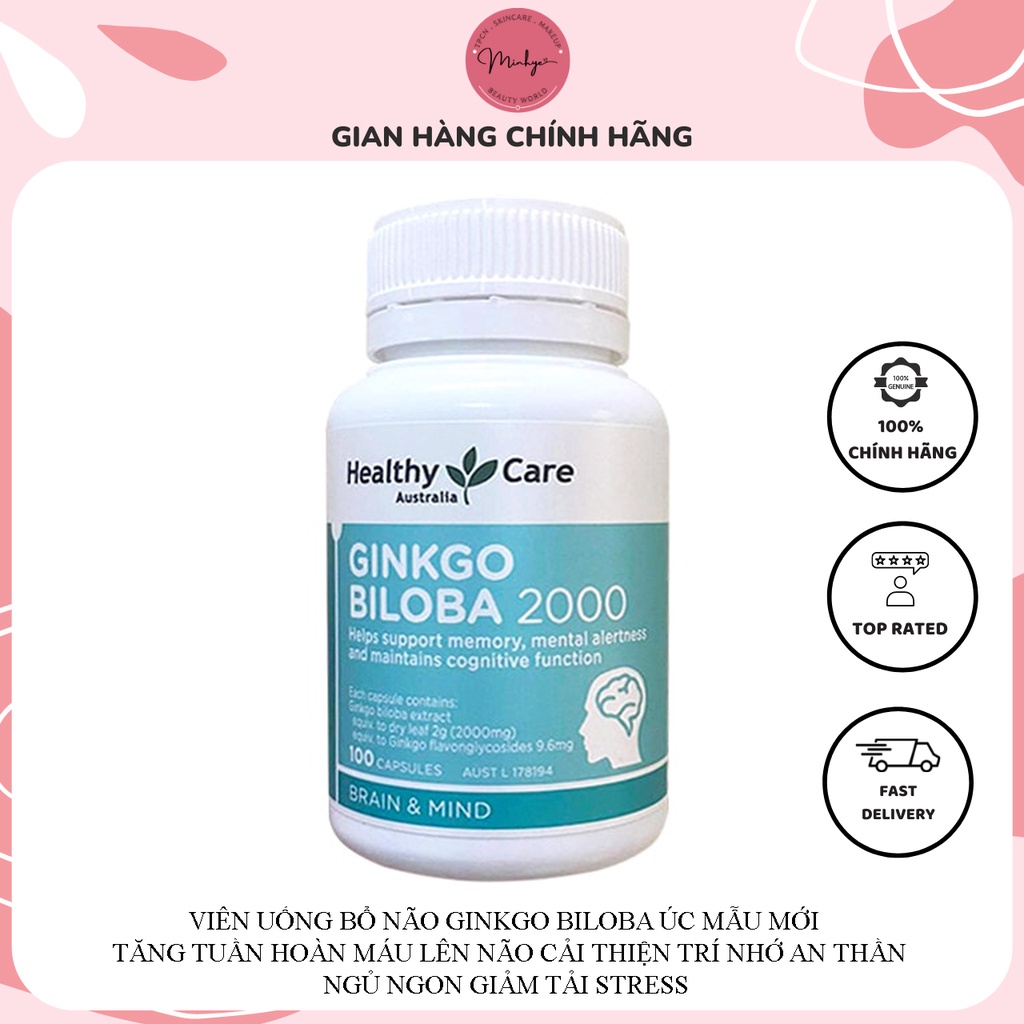 Viên Uống Bổ Não Ginkgo Biloba Healthycare Úc Tăng Tuần Hoàn Máu Lên Não Cải Thiện Trí Nhớ Giảm Stress