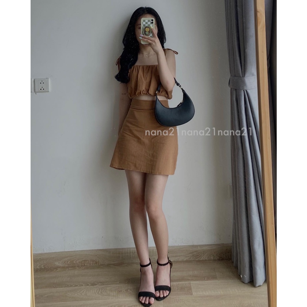 Set áo hai dây nơ và váy , Sét 2 dây thắt nơ sau kèm chân váy ngắn 3 màu  cicidream