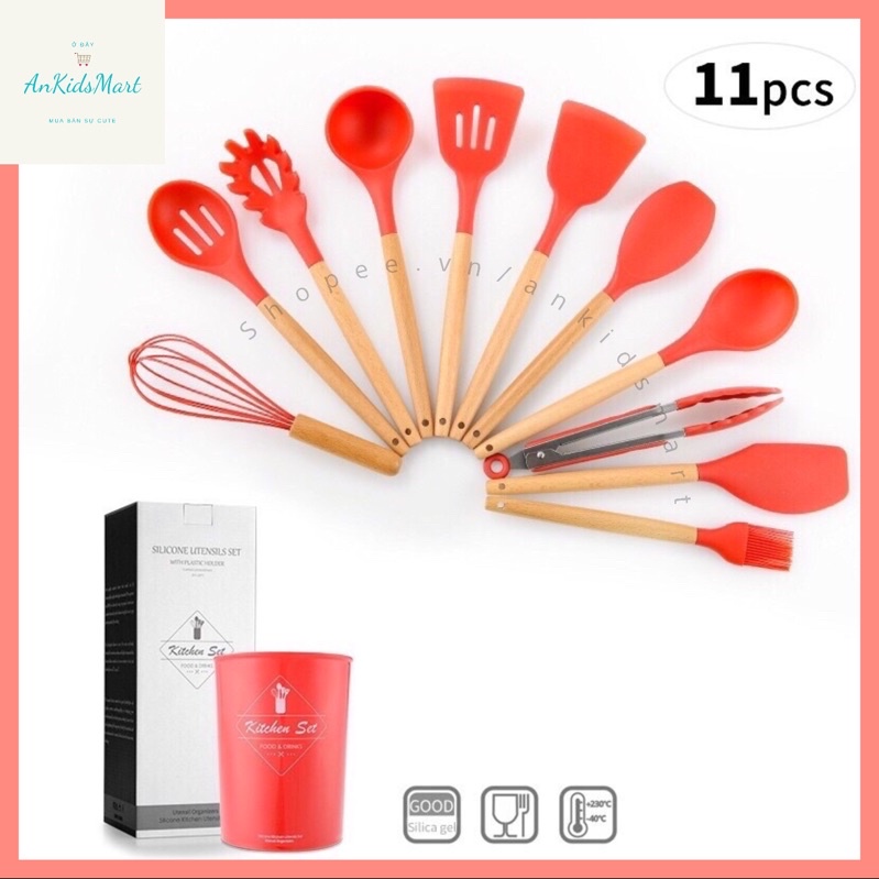 Set dụng cụ làm bếp 11 món bằng silicon có tay cầm bằng gỗ tiện dụng Kitchen Set