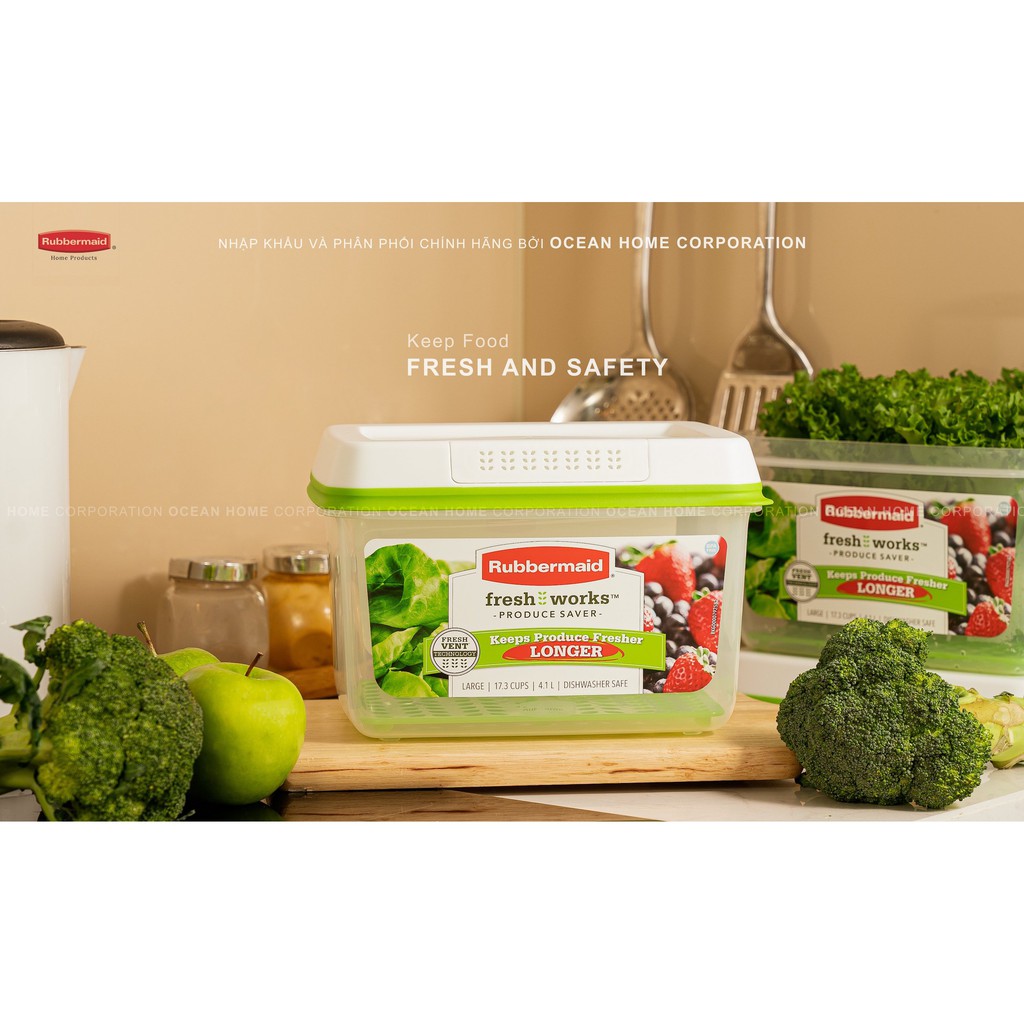 Set 4 Hộp bảo quản rau củ quả RUBBERMAID có nắp màu xanh bằng nhựa nguyên sinh cao cấp  - Chính Hãng từ Mỹ