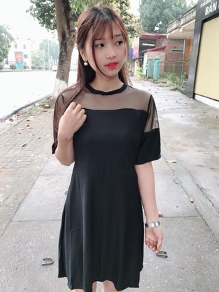 đầm xoè phối lưới vai