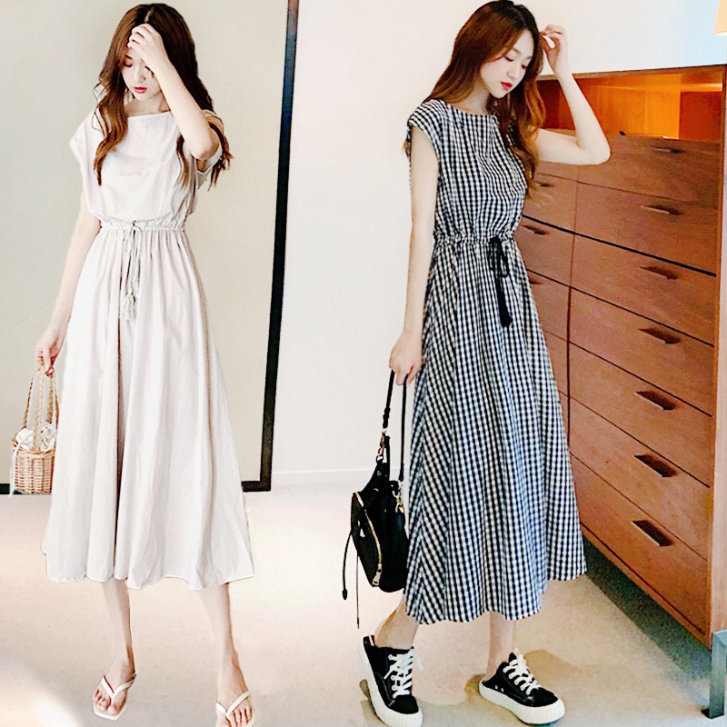 Đầm maxi chữ A không tay lưng cao bằng cotton thoáng khí họa tiết sọc caro plus size phong cách Hàn Quốc cho nữ