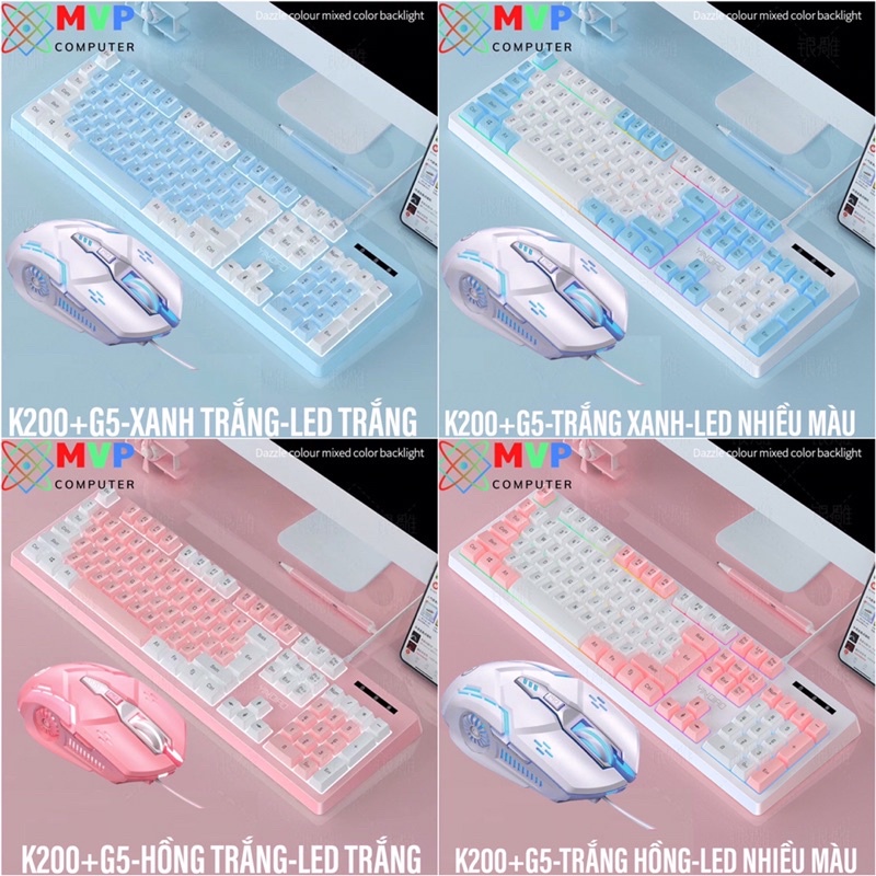 Bàn Phím Chuột Gaming Máy Tính Laptop Giả Cơ YINDIAO K200 G5 LED RGB Xuyên Chữ Mix 4 Màu Hồng Xanh Trắng Đen Cute