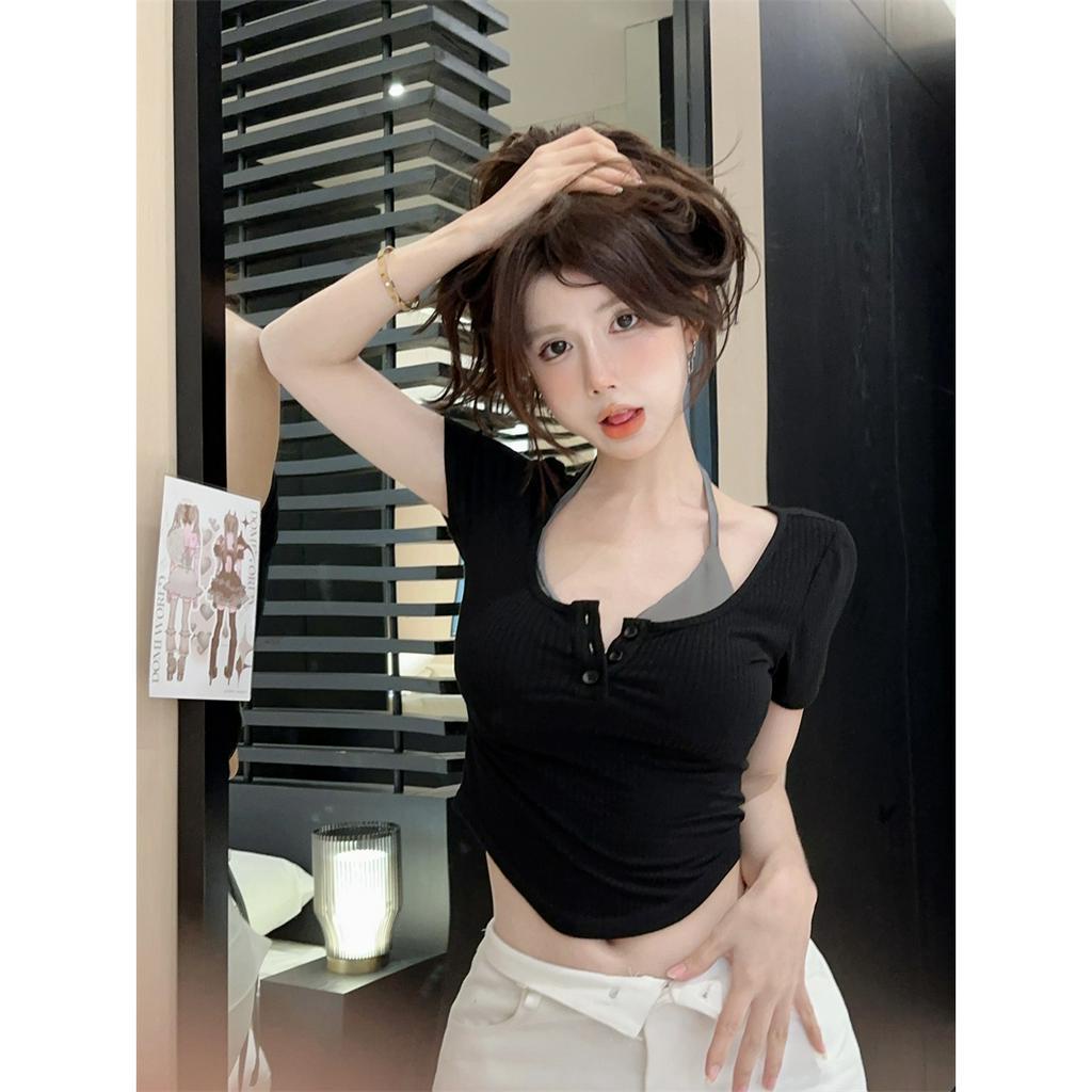 HUANG YOYO Set Đồ Mùa Hè 2 Món Gồm Áo Thun Tay Cộc Cổ Vuông Ôm Dáng + Quần Lót Gợi Cảm Cho