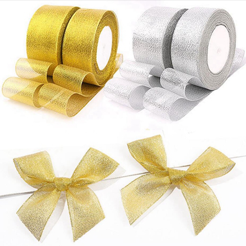 Cuộn Dây Ruy Băng Bằng Vải Organza Rộng 10 @ - 50mm Dài 25M Màu Vàng / Bạc Dùng Trang Trí Tiệc Cưới