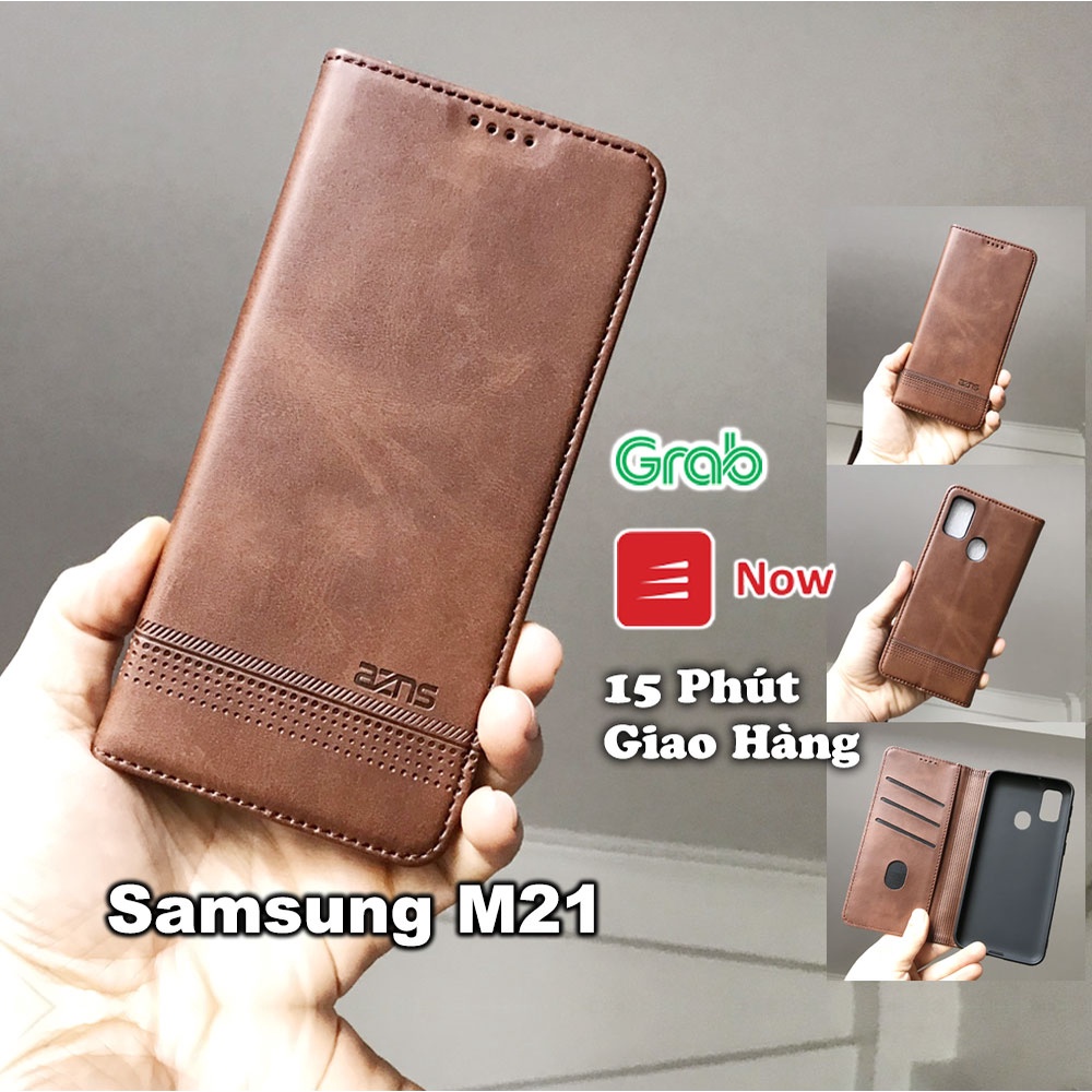 Bao da ốp lưng điện thoại Samsung M21 M20 kèm ví gập nắp da thật mềm mịn - azns