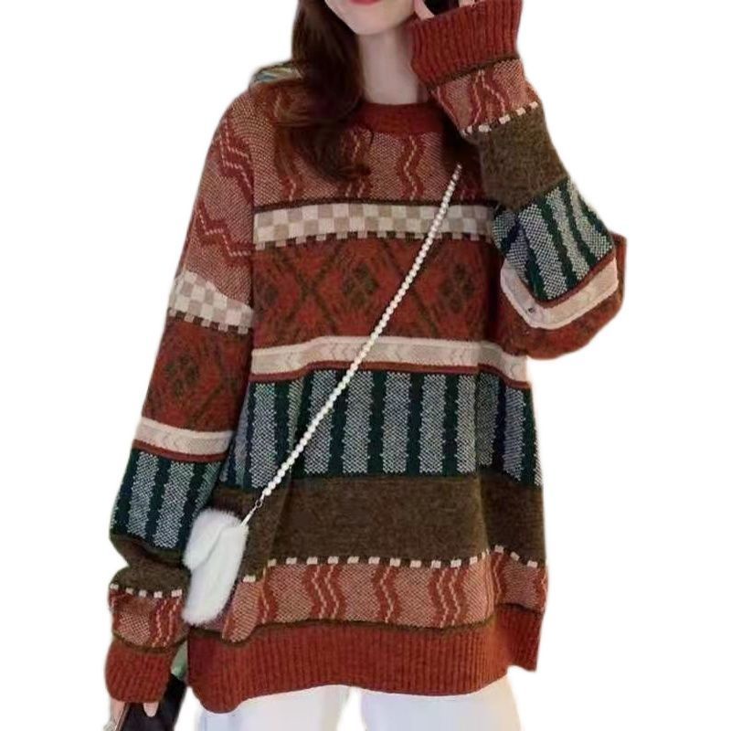 Áo Sweater Tay Dài Màu Sắc Tương Phản Phong Cách Hàn Quốc 182063 Áo Len Cổ Tròn Form Rộng Kiểu Dáng Retro Hợp Thời Trang