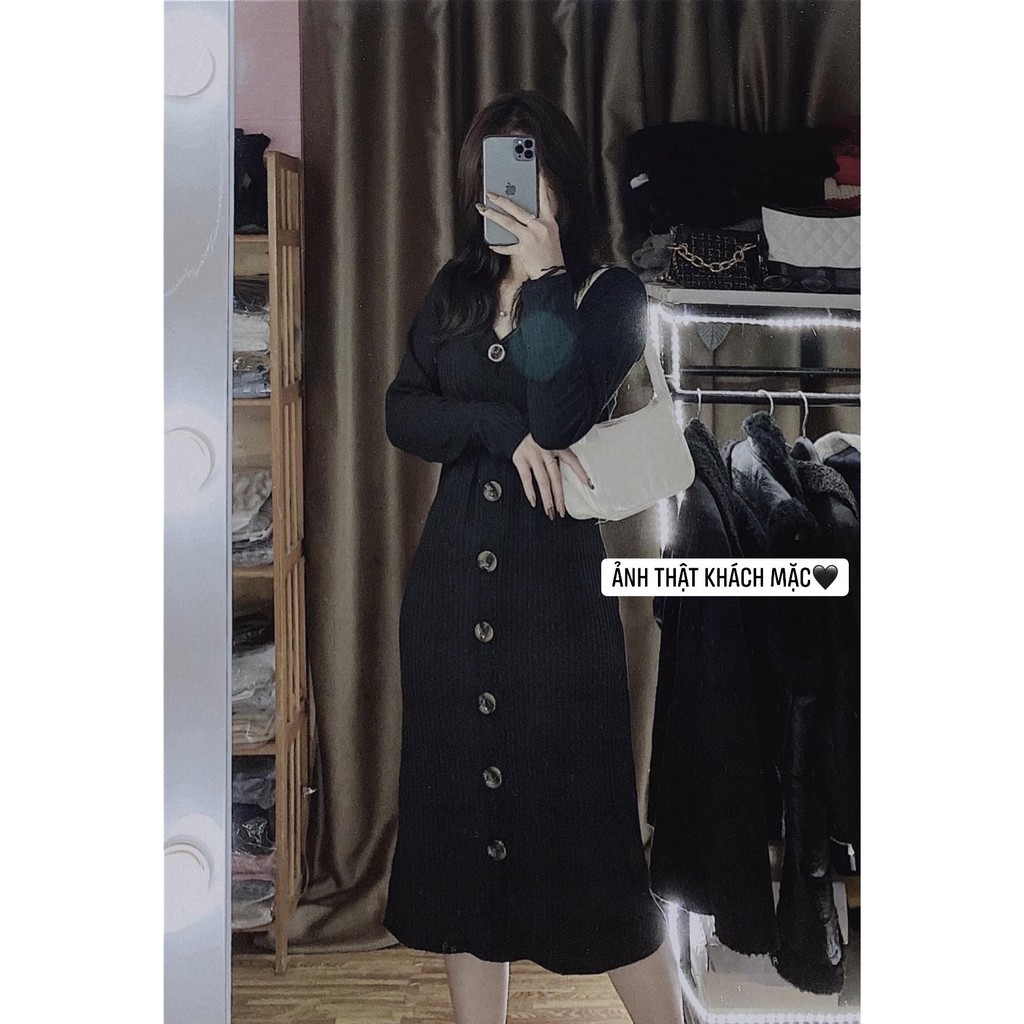 Váy len dáng suông dài tay nữ❤️Đầm len đũa dáng suông phối cúc vân đá bassic❤️[free ship] | BigBuy360 - bigbuy360.vn