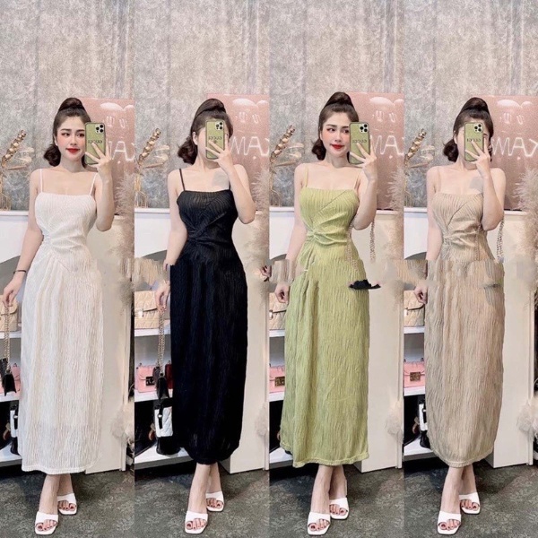 Váy 2 dây nữ sóng xốp nhăn dúm eo dáng suông dài maxi đi biển du lịch ulzzang Hàn Quốc