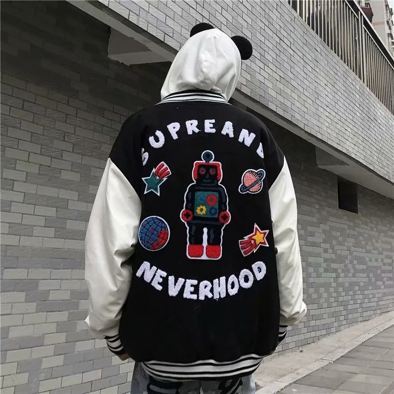 Áo khoác bóng chày thêu hoạt hình phối màu tương phản kiểu Hip-Hop Mỹ cá tính