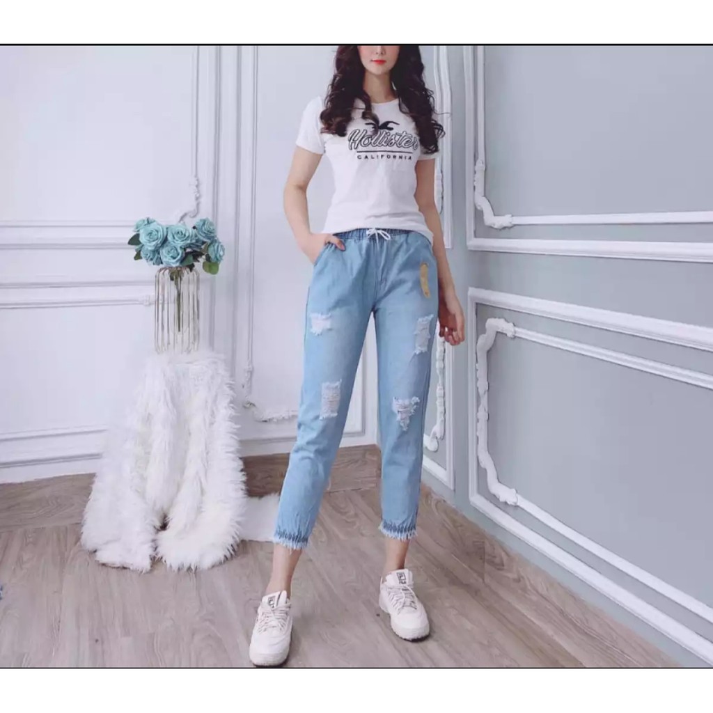 Quần Baggy Jean Nữ Lưng Thun Mẫu Rách Bo Tua Lai 2 Màu