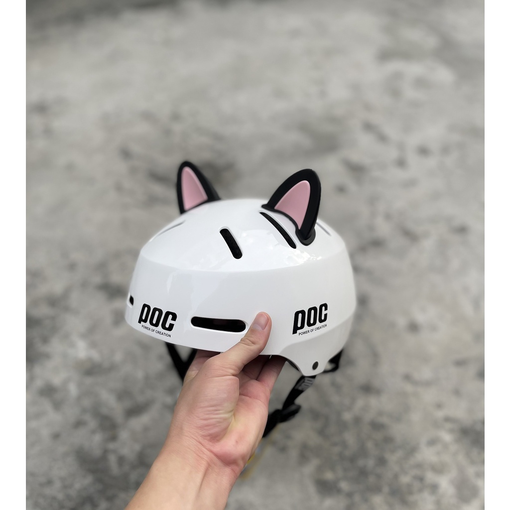 ( TAI ĐEN HỒNG) NÓN THỂ THAO POC P05 MÀU TRẮNG BÓNG GẮN TAI MÈO ĐEN HỒNG CỰC KUTE