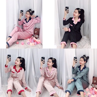 Đồ bộ pijama lụa phối-tay dài quần dài