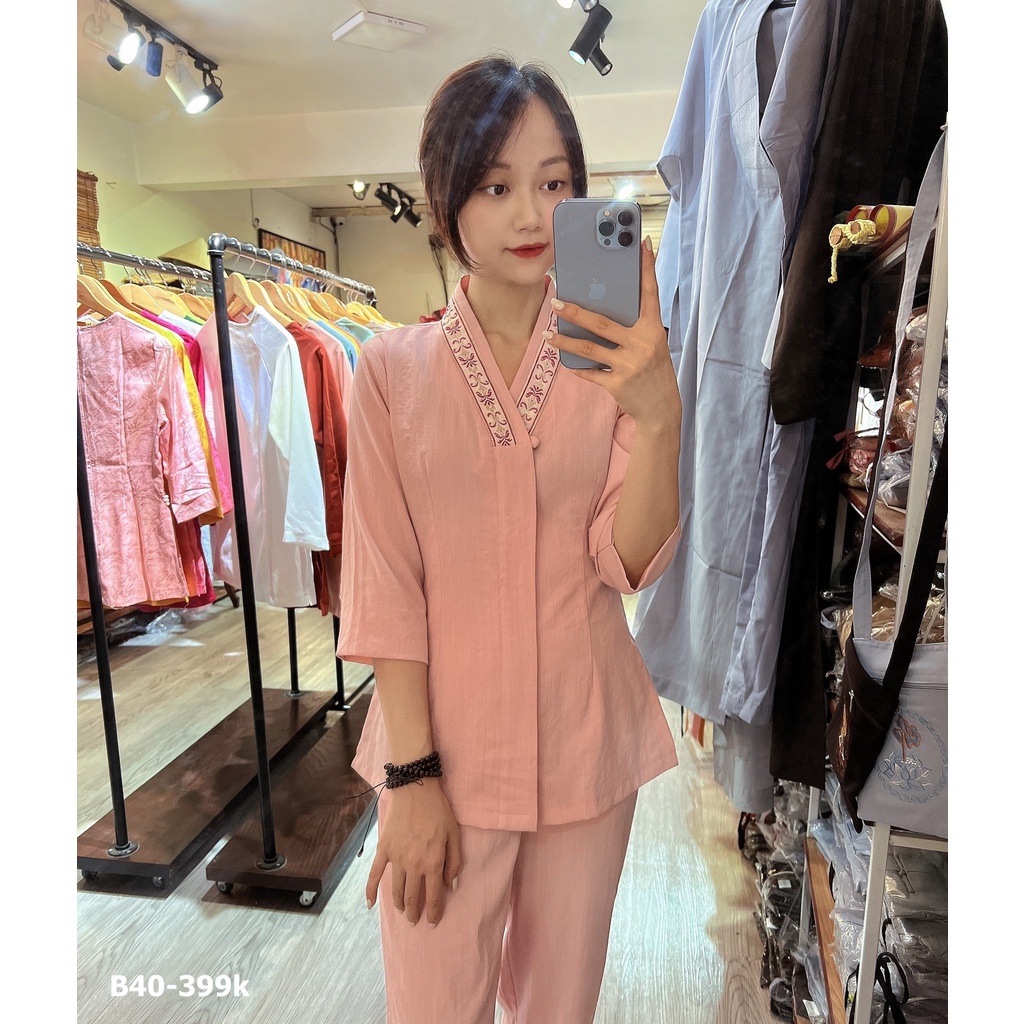 ĐỒ LAM ĐI CHÙA THIẾT KẾ - bộ quần áo phật tử nữ vải đũi Nhật viền cổ duy băng - set pháp phục cao cấp B40