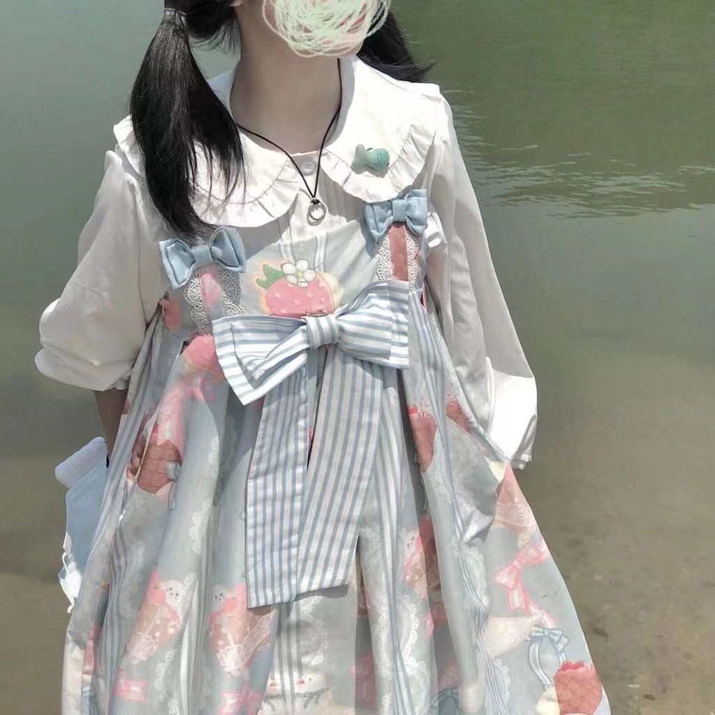 Đầm Yếm Đính Nơ Mềm Mại Phong Cách Lolita Nhật Bản Xinh Xắn Cho Bé Gái