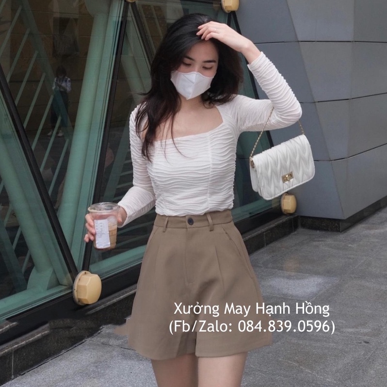 Quần short Ulzzang chất Quảng Châu kèm ảnh thật, Quần short vải cạp cao cài cúc basic