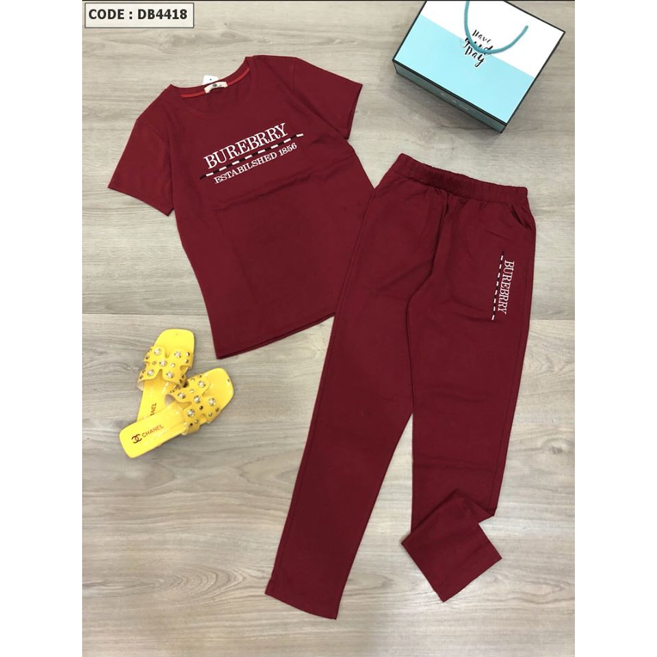 Bộ Đồ Mặc Nhà Nữ Quần Dài Thêu Chữ Tay Ngắn Thun Cotton co giãn tốt