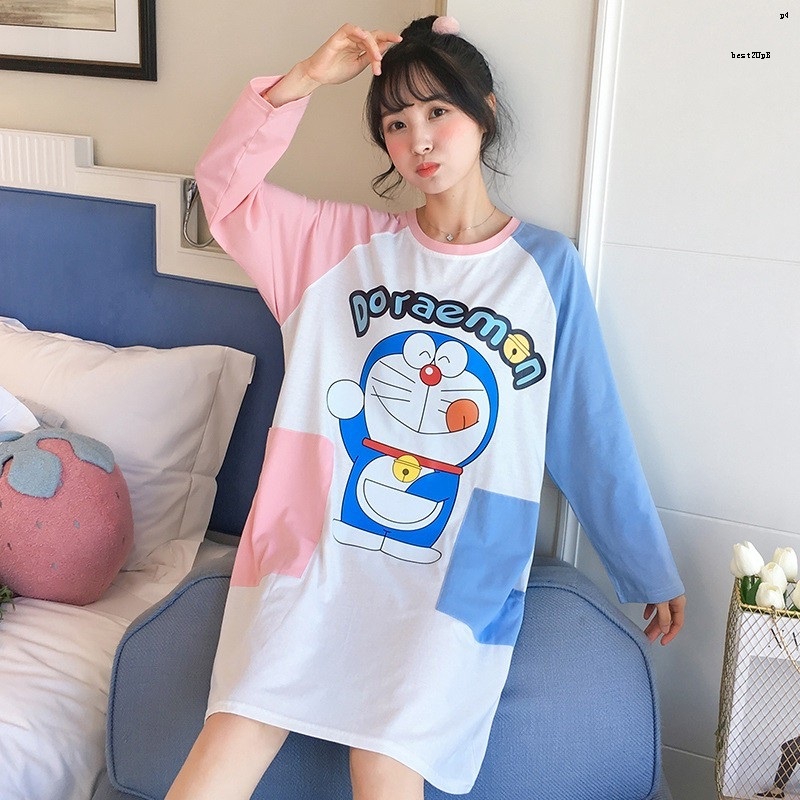 Đầm Ngủ Tay Dài Chất Cotton Mỏng Nhẹ In Họa Tiết Hoạt Hình Doremon Dễ Thương Thời Trang Cho Nữ