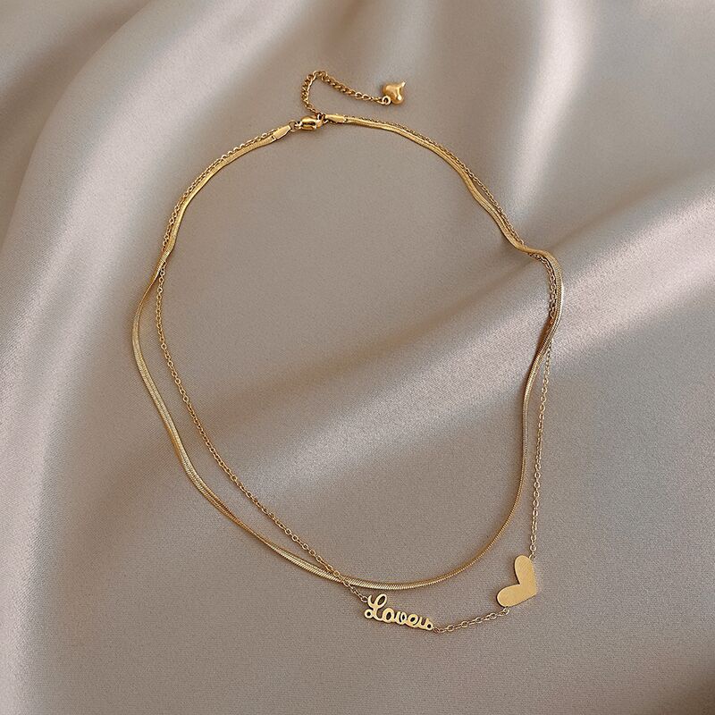 dây chuyền titan cho nữ nhiều lớp LOVE Chữ cái hình trái tim Vòng cổ bằng thép không gỉ vàng 18k Phụ kiện chính hãng của Hàn Quốc