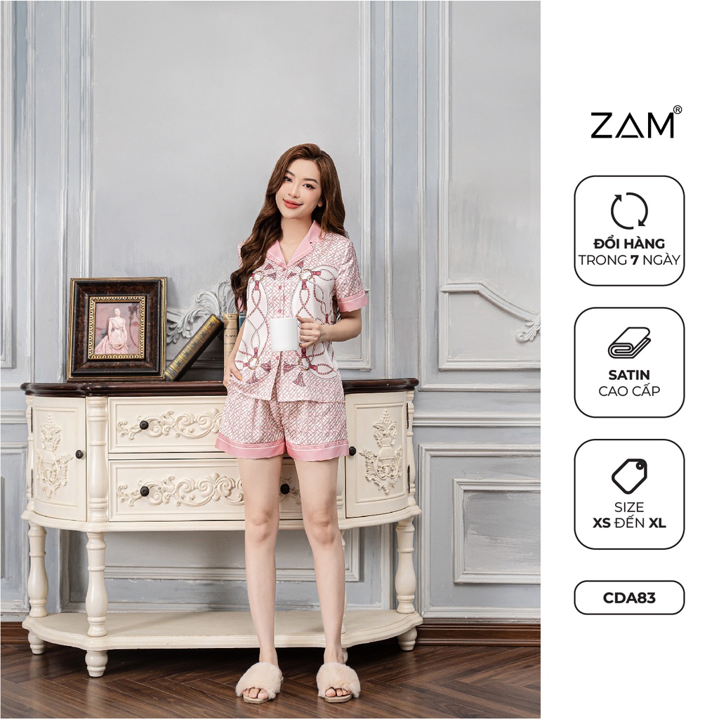 Bộ ngủ satin ZAM Luxury - CDA83 - áo ngắn tay quần đùi họa tiết