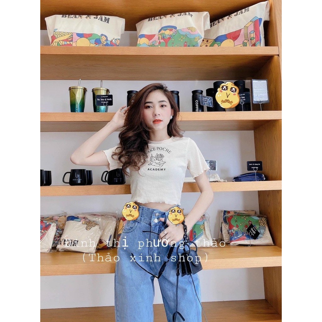 Quần jeans nữ baggy 2 nút vải bò đủ size S-M-L phối áo thun croptop