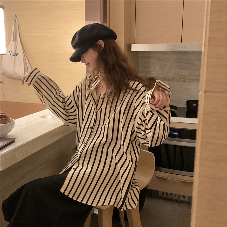 Porozi  Áo sơ mi  tay dài dáng rộng kẻ sọc phong cách Hàn Quốc dễ phối đồ dành cho nữ