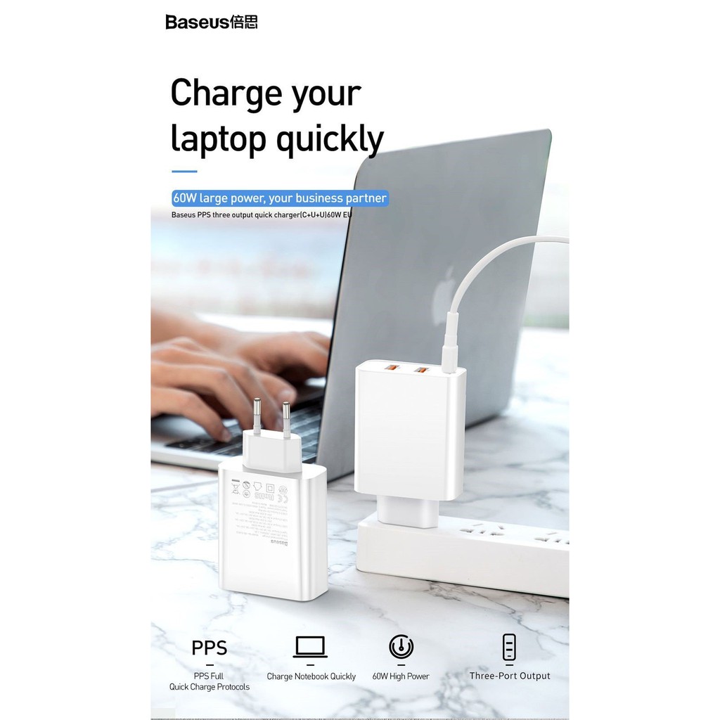 ✅Chính hãng ✅Củ sạc nhanh đa năng, công suất cao Baseus PPS Quick Charger 60W cho Smartphone/ Tablet/ Laptop - happytech