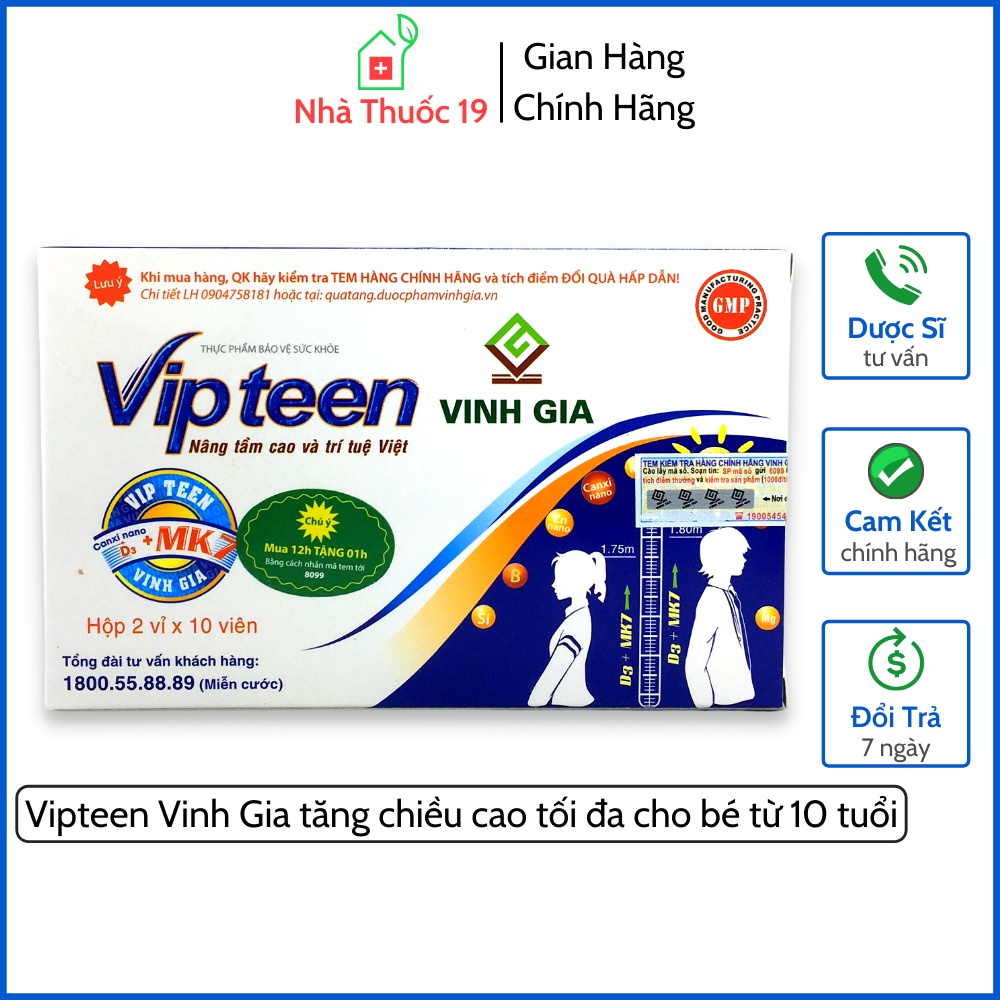 Viên uống tăng chiều cao VIPTEEN cho trẻ từ 10 tuổi Giúp bổ sung canxi, vitamin D K2 MK7 hỗ trợ xương răng chắc khỏe