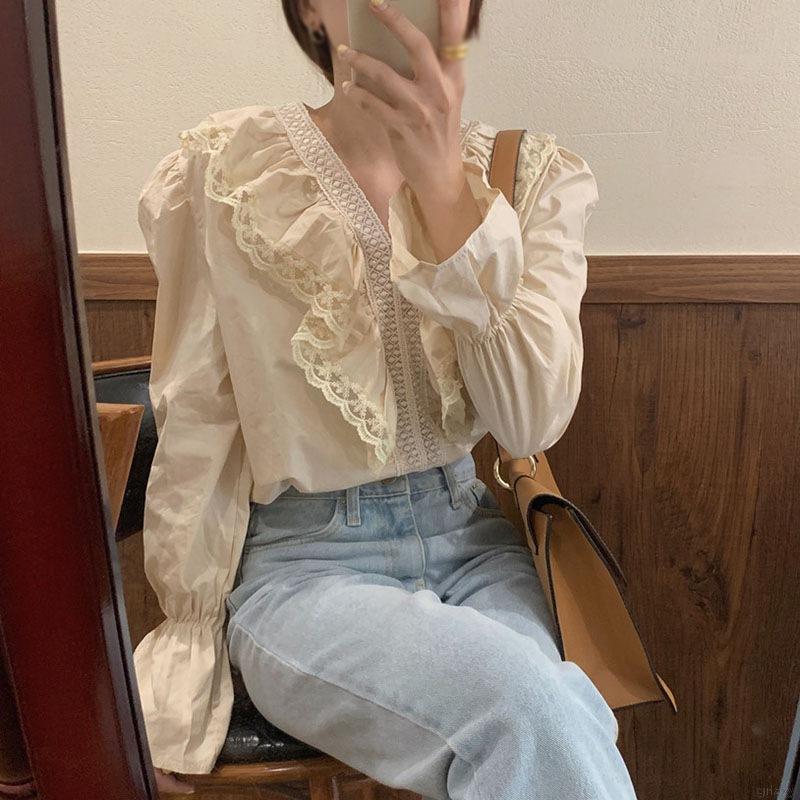 Áo Sơ Mi Tay Dài Phối Ren Xinh Xắn Thời Trang Dành Cho Nữ