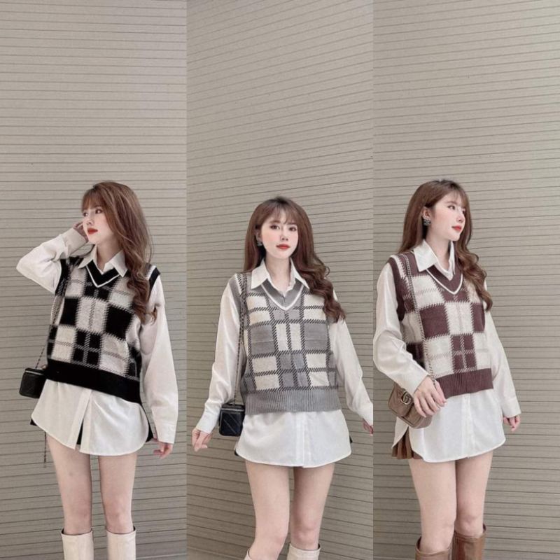 Áo Gile Len Nữ Ms.2021 Cổ Tim, Họa Tiết Caro To, 3 Màu Đen Ghi Nâu Trẻ Trung, Chất Liệu Len Đanh Mịn