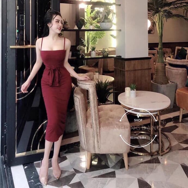 Đầm body 2 dây cột nơ ,fom dài 1m1 (chuẩn hình mẫu)