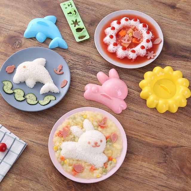 Khuôn ép cơm bento hình cá heo, thỏ, hoa và khuôn cắt tạo hình rau củ quả
