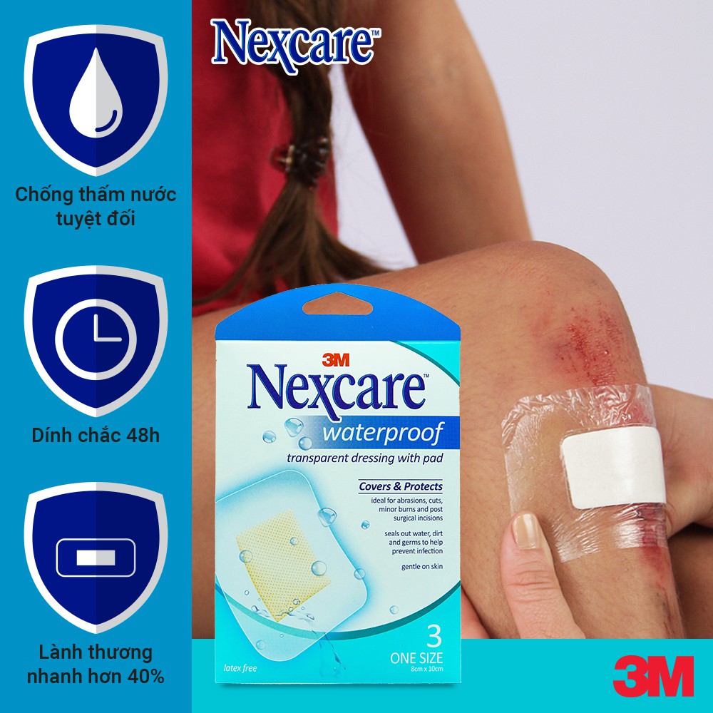 Băng Dán Bảo Vệ Vết Thương Nexcare Waterproof Covers &amp; Protects Trong Suốt Chống Thấm Nước 3 Miếng