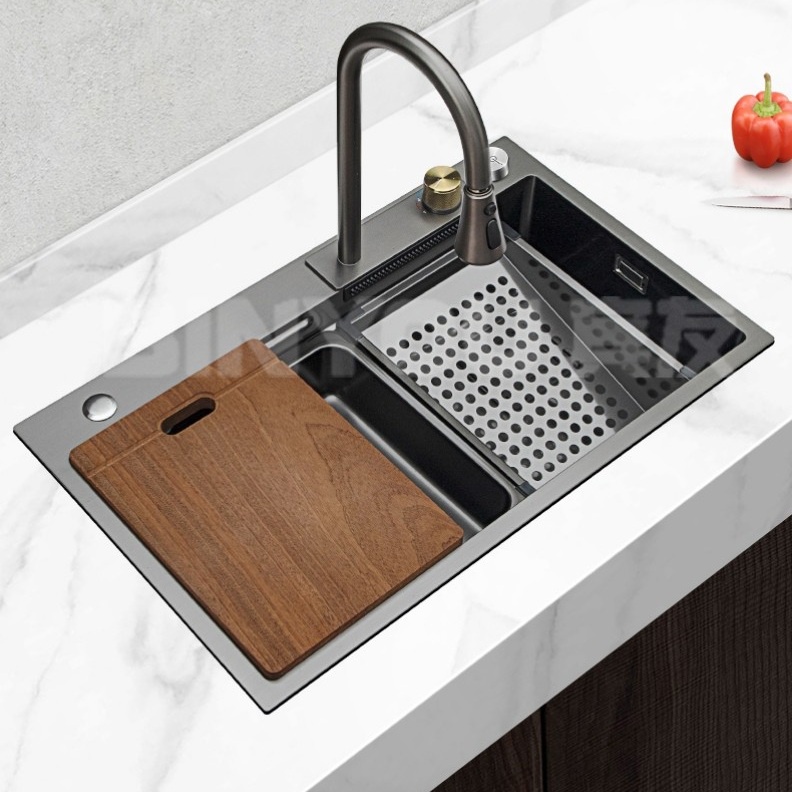 Chậu rửa bát 1 hố kèm vòi thác tiện dụng kích thước lớn 80x45cm