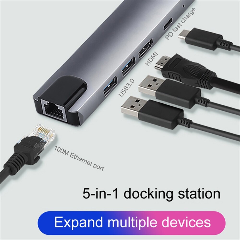 【Warranty】 USB Hub 5-in-1 Type-c Port Multifunction Two USB 3.0 Ports Aluminum Foil Braid