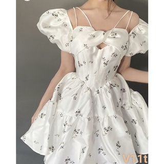 Váy hoa trắng xoè tay phồng freesize