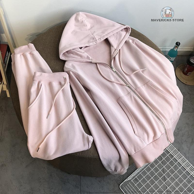 Set áo hoodie dài tay màu sắc kèm quần dài thời trang nữ