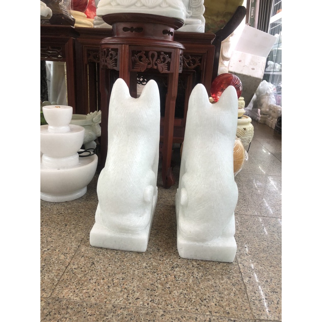 Cặp tượng chó đá phong thủy đá trắng gác cổng - Cao 40 cm