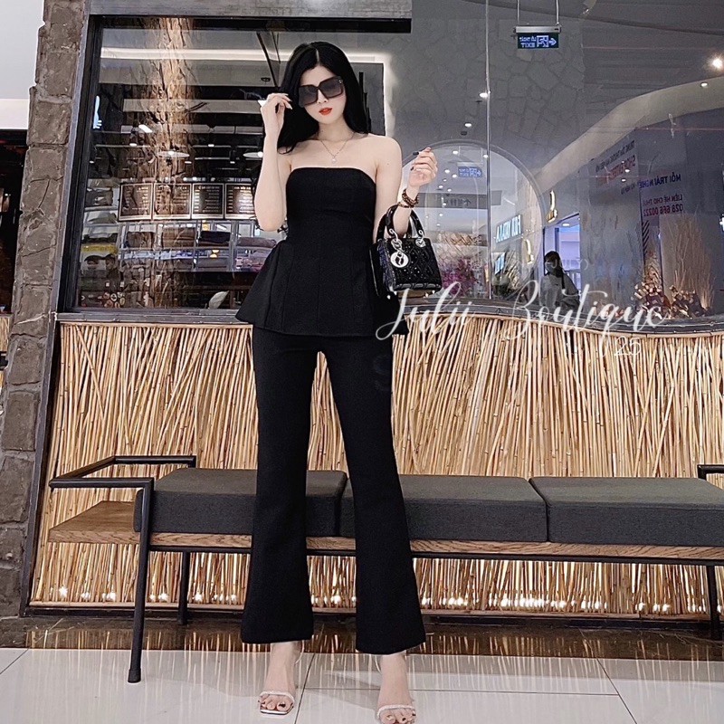 Set áo peplum cúp ngực + quần ống loe lưng cao (Ảnh chụp thật)