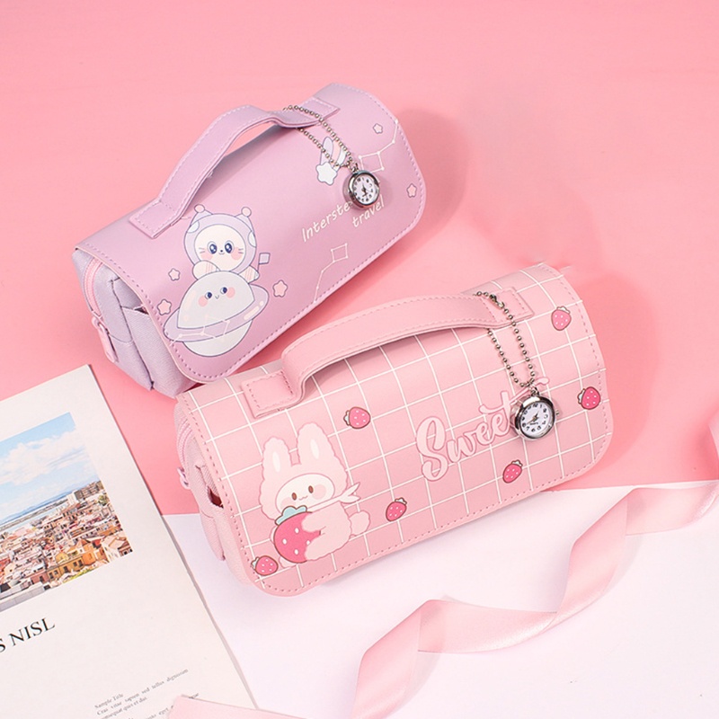 Túi Đựng Bút Bằng Vải Bạt Có Mặt Dây Chuyền Bạc Họa Tiết Hoạt Hình Chống Nước Cho Nữ