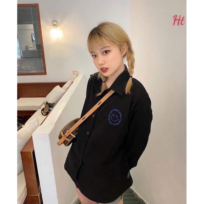 Áo sơ mi mặt cười chữ God xanh H2