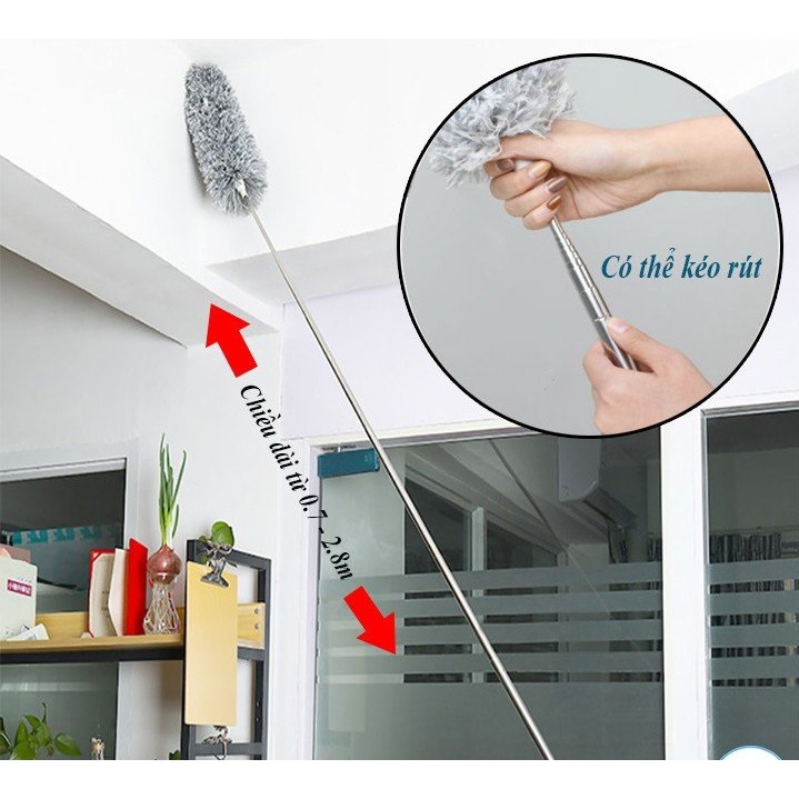 Cây chổi lông quét lau bụi mạng nhện trần nhà đa năng cán dài inox rút gọn gập được 90 độ thông minh