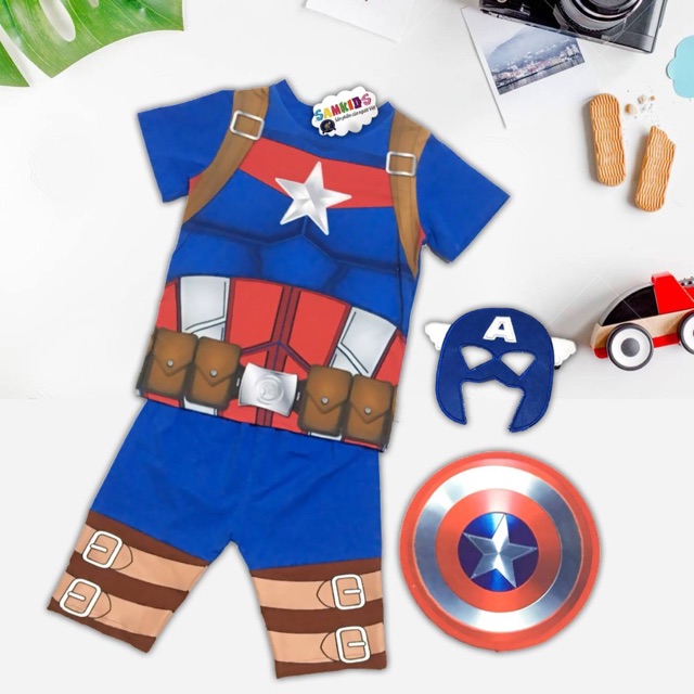 Bộ quần áo trẻ em kèm mặt nạ và khiên hình đội trưởng Mỹ cho bé từ 25-37kg, chất cotton- Chính hãng Samkids