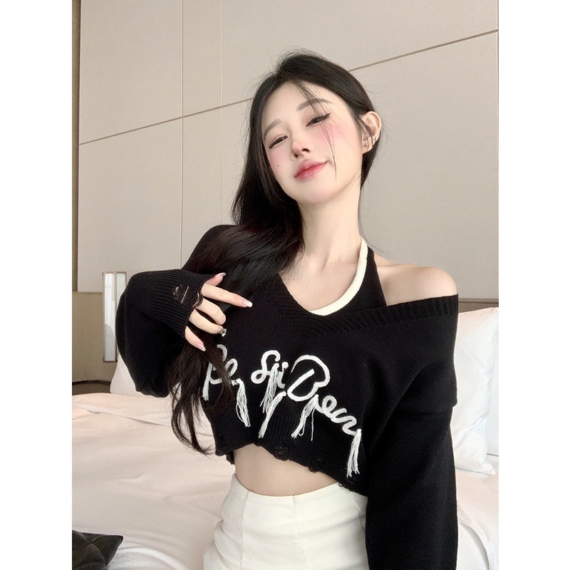 Áo Len Cổ Yếm / Áo Kiểu Tay Dài Cổ Chữ V Thêu Họa Tiết Monogram Dành Cho Nữ (Bán Chạy)