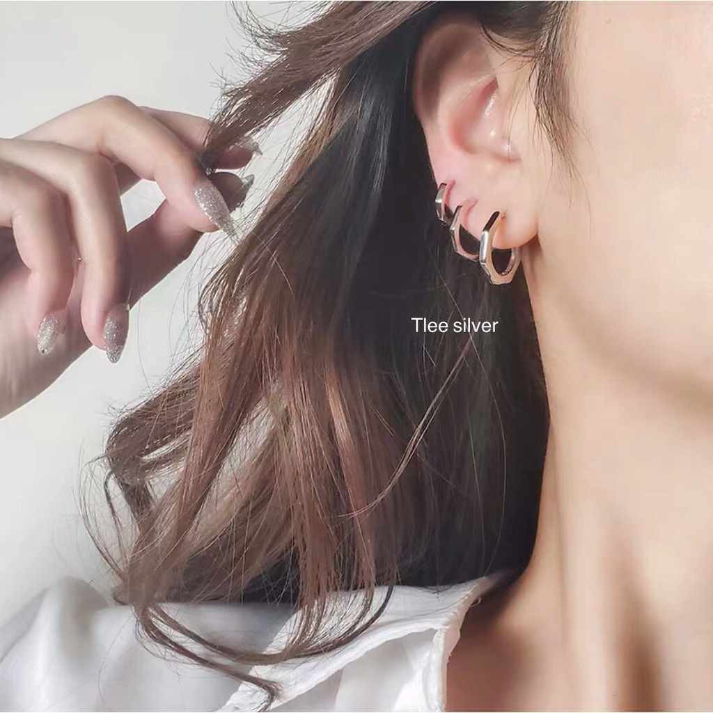 Khuyên tai bạc unisex TLEE tròn cạnh đa giác siêu cá tính dày dặn TleeJewelry