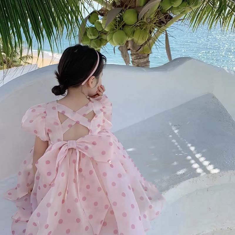 Đầm Lưới Xòe Họa Tiết Chấm Bi Đính Nơ Hở Lưng Kiểu Công Chúa Thời Trang Mùa Hè Cho Bé Gái